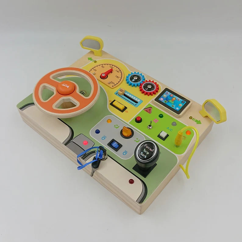 Montessori Wooden Busy Board with Steering Wheel, LED Lights, Engine Sounds & Key Turn – Toddler Sensory Toy