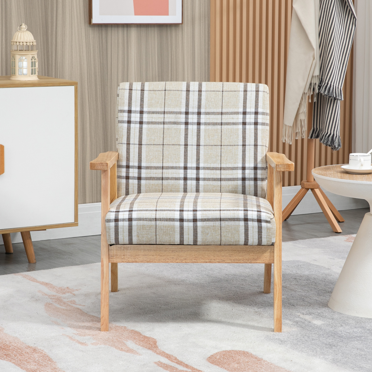 HOMCOM Modern Linen-Feel Accent Chair with Checked Seat Cushion & Open Frame – Beige