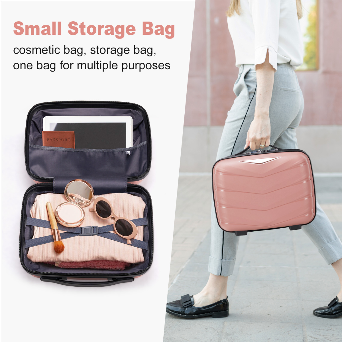 2-Piece Luggage Set with 20" Trolley Case and 14" Hand Case, V-Stripe PP Shell, Rose Gold