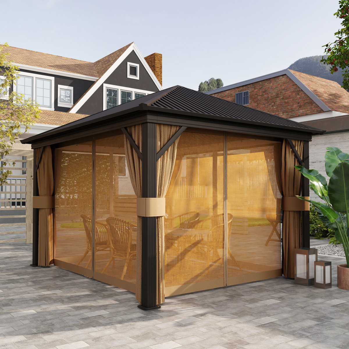 Outsunny 3.6 x 3m Metal Hardtop Gazebo with Zip Curtains & Mosquito Netting – Garden Shelter, Brown