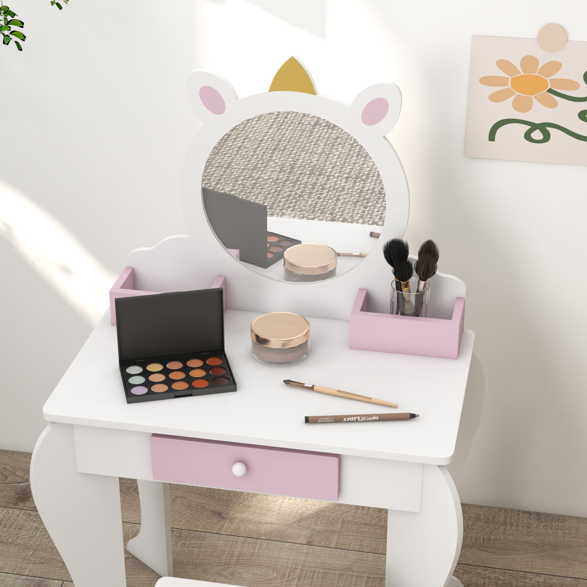 ZONEKIZ Kids Dressing Table with Mirror, Stool, Drawer & Storage Boxes – Unicorn Design Vanity Set, White