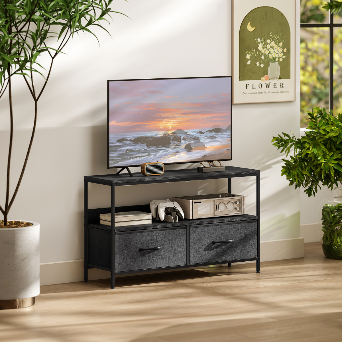 Industrial TV Stand with 2 Foldable Fabric Drawers for TVs up to 47 in – Steel Frame Media Unit, Black & Charcoal