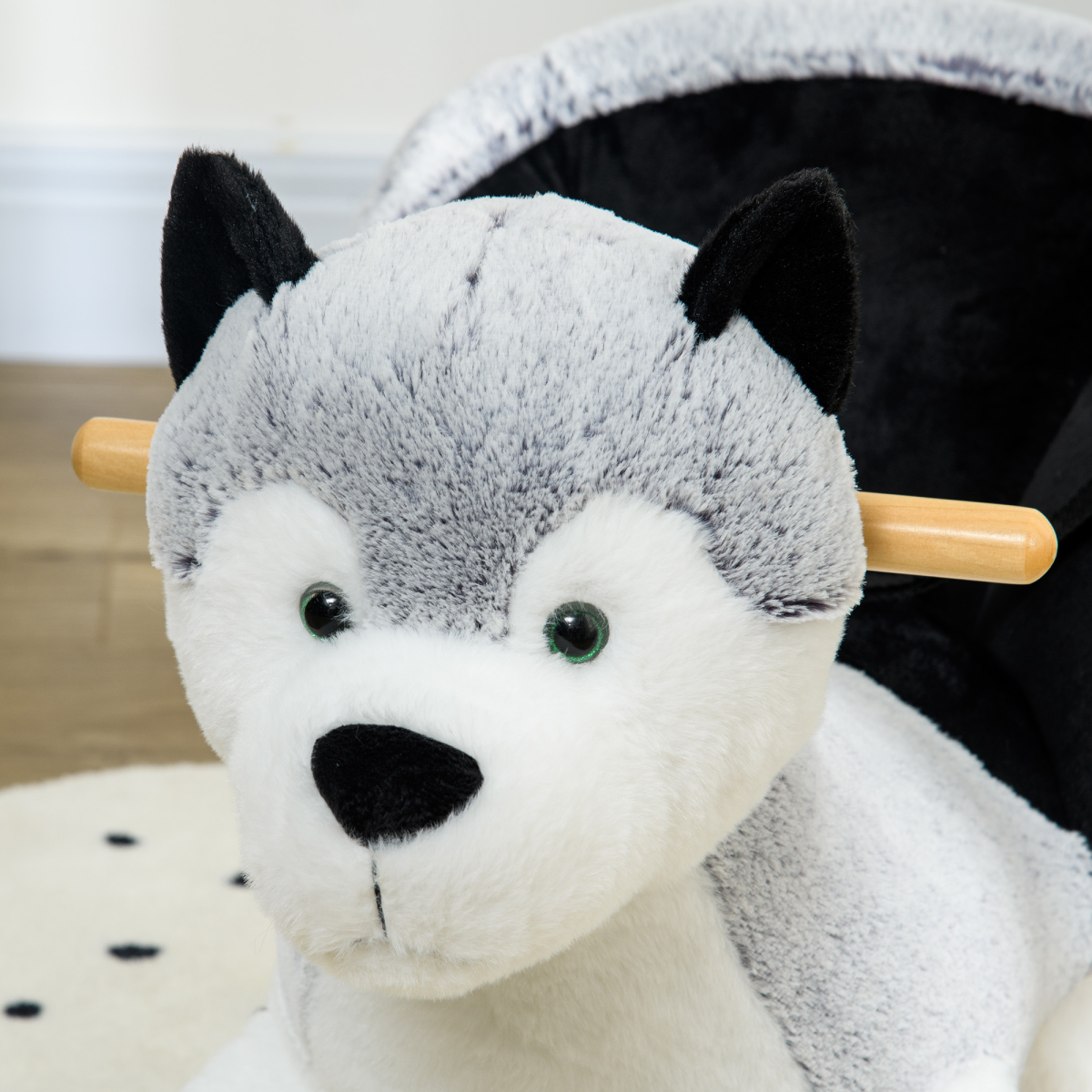 Kids Husky Plush Rocking Horse with Seat Belt & Animal Sounds – Ride-On Toy for 18-36 Months, Grey & Black