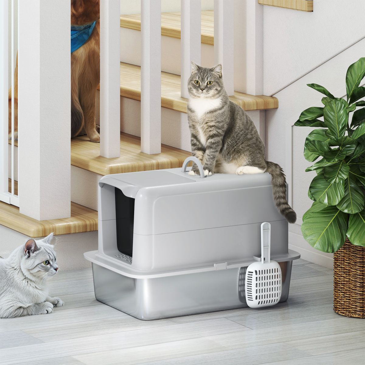 Cat Litter Box with Stainless Steel Tray, Sand Filter & Scoop – Odour Control Pet Toilet, Grey and Silver