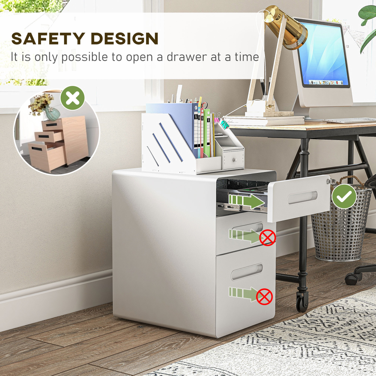 Vinsetto 3-Drawer Steel Mobile Filing Cabinet with Lock, Pencil Tray & Wheels – Home Office Storage, White
