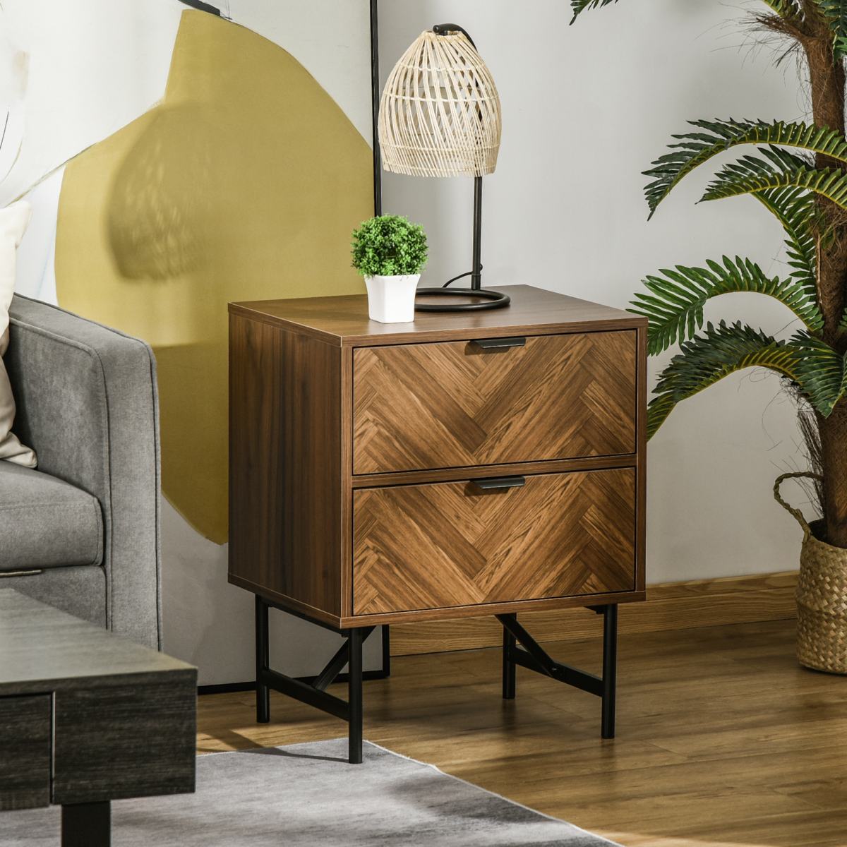 Set of 2 Herringbone Bedside Tables with 2 Drawers Each & Metal Legs – Bedroom Storage, Walnut Brown