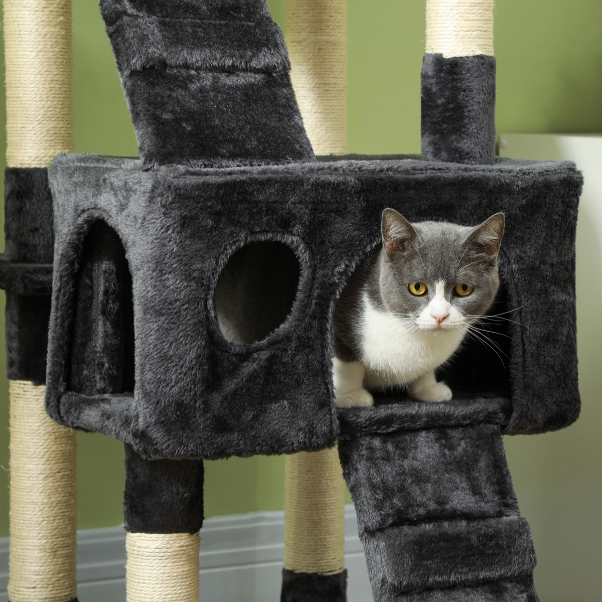 PawHut Tall Cat Tree Activity Centre with Condos, Perches, Sisal Scratching Post and Dangling Toys, 170 cm, Grey
