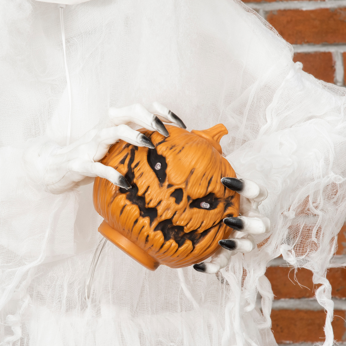 HOMCOM 72 Inch Halloween White Witch Holding Pumpkin – Button-Activated Light-Up Skeleton Ghost Decoration