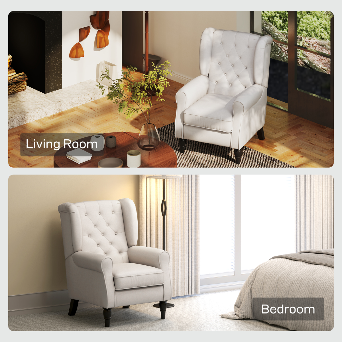 HOMCOM Retro Tufted Club Armchair with Piped Arms and Solid Wood Legs – Accent Chair, Cream White Fabric