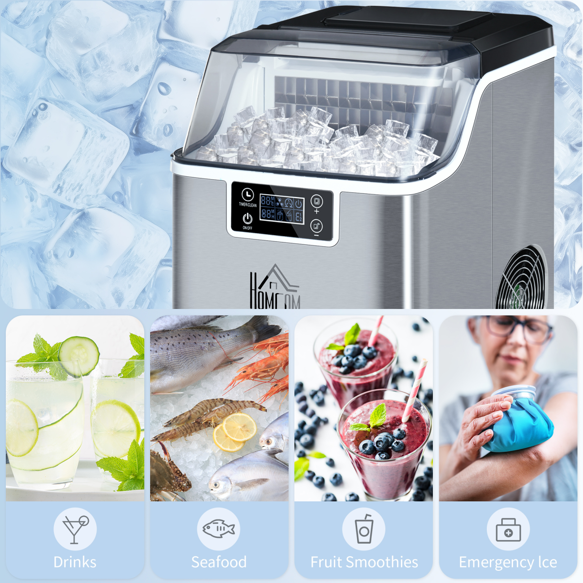 HOMCOM Countertop Ice Maker, 20kg in 24 Hours with 24 Cubes per Cycle – No Plumbing Required