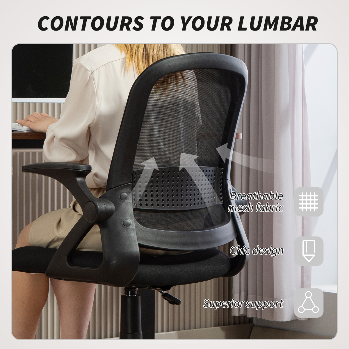 Breathable Mesh Office Chair with Flip-Up Arms & Curved Foam Back – Home Office Desk Chair, Black
