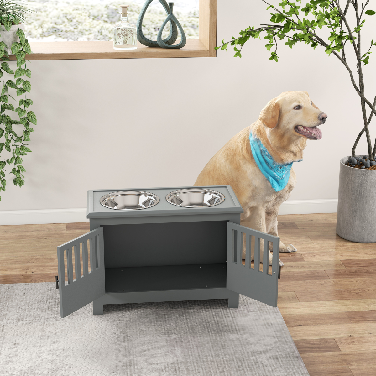 PawHut Raised Dog Bowls with Storage Stand, 2 x 2000ml Steel Bowls – Feeding Station for Large Dogs, Grey