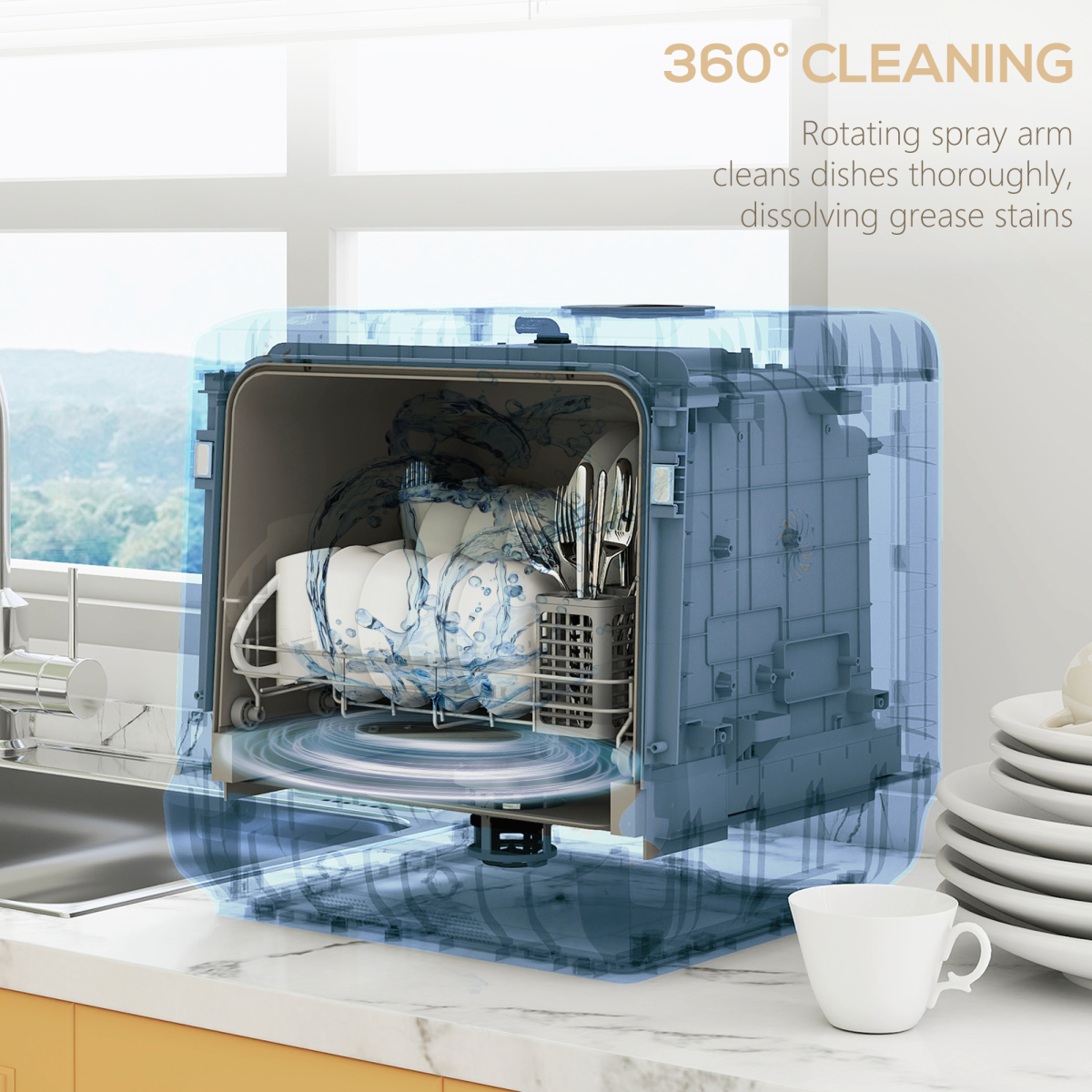 Compact Countertop Dishwasher with 5 Wash Programmes, 4 Place Settings & LED Display – Black