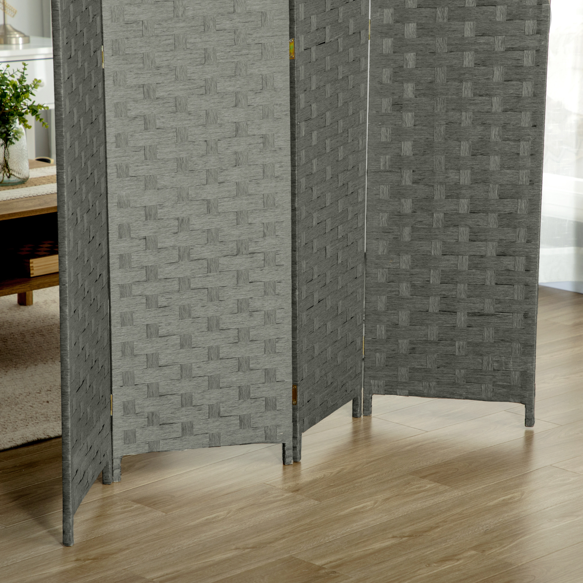 4-Panel Folding Room Divider, Wave Fibre Woven Wicker Effect Privacy Screen with Wood Frame, Grey