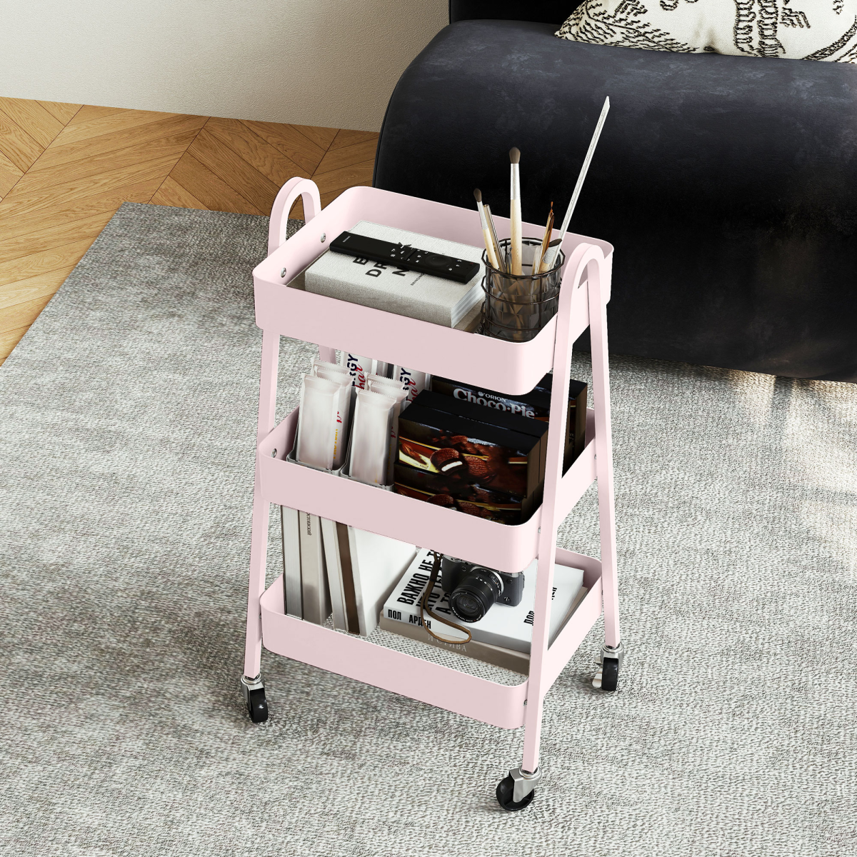 HOMCOM 3-Tier Rolling Utility Cart with Mesh Trays – Kitchen Storage Trolley, Pink