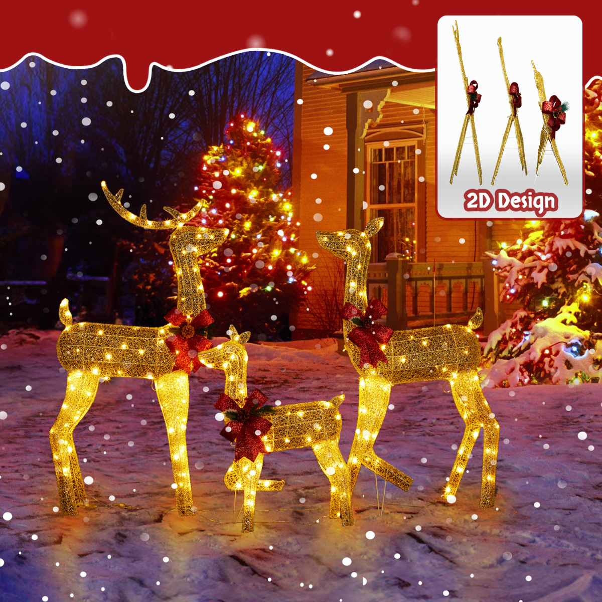 Lighted Christmas Reindeer Family – 3 Piece Outdoor Set with 200 Warm White Lights & Ground Stakes