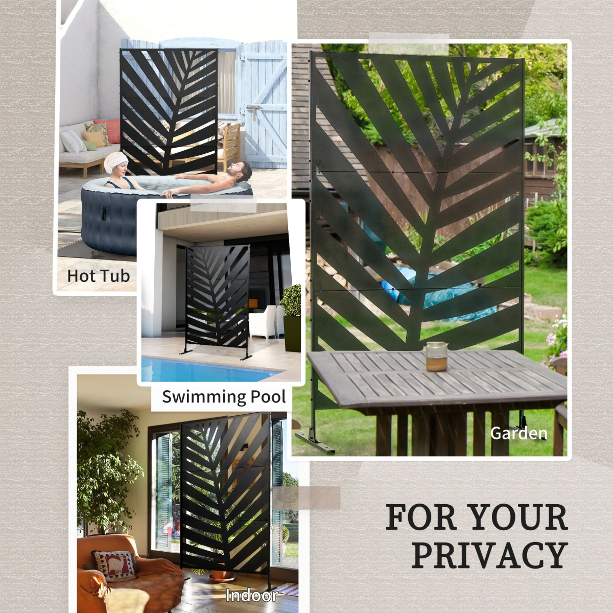 Outdoor Privacy Screen with Banana Leaf Design, 3-Panel Steel Frame – Garden & Patio Divider, Black