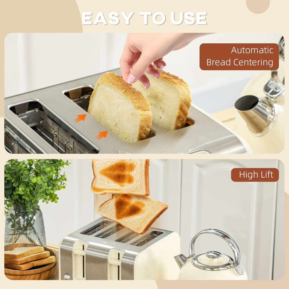 HOMCOM 1.7L 3000W Kettle & 4-Slice Toaster Set – Stainless Steel & Cream, Adjustable Browning
