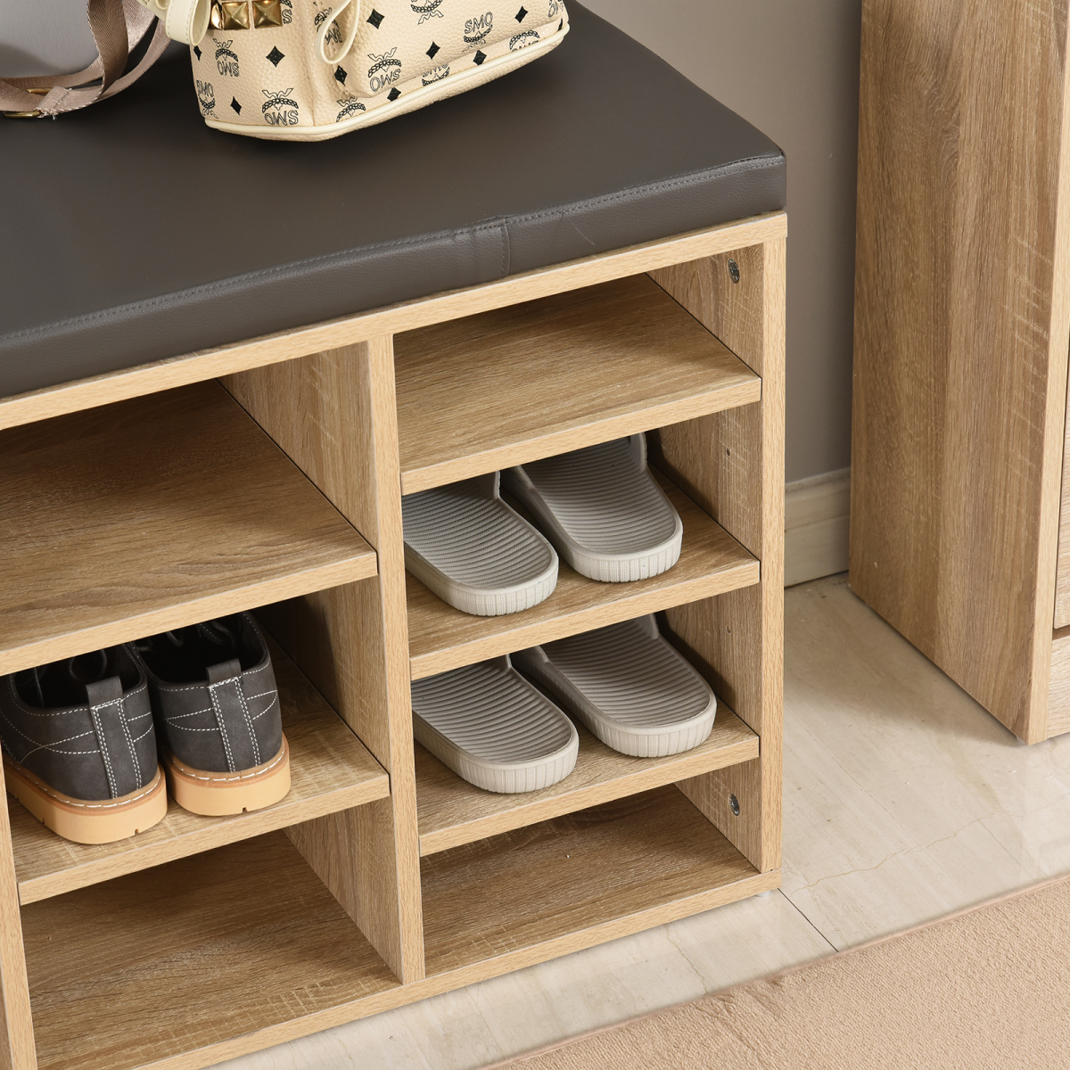 14-Compartment Shoe Rack Bench with Cushion & Adjustable Shelves – Hallway Shoe Storage Seat, Brown
