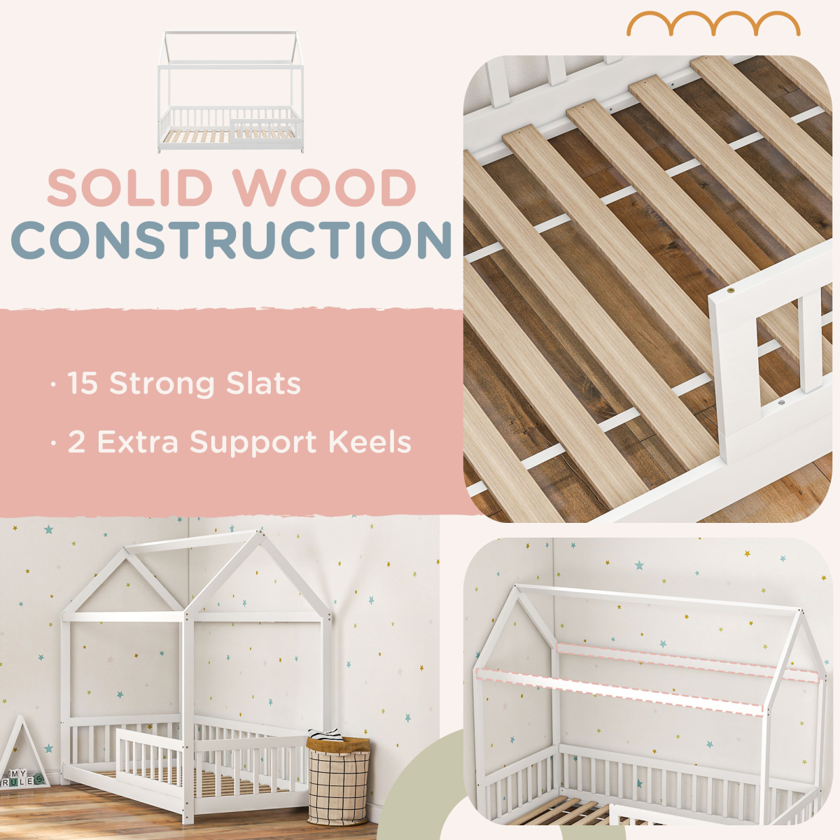 HOMCOM House-Shaped Kids Single Bed Frame with Safety Fence – Solid Pine, White