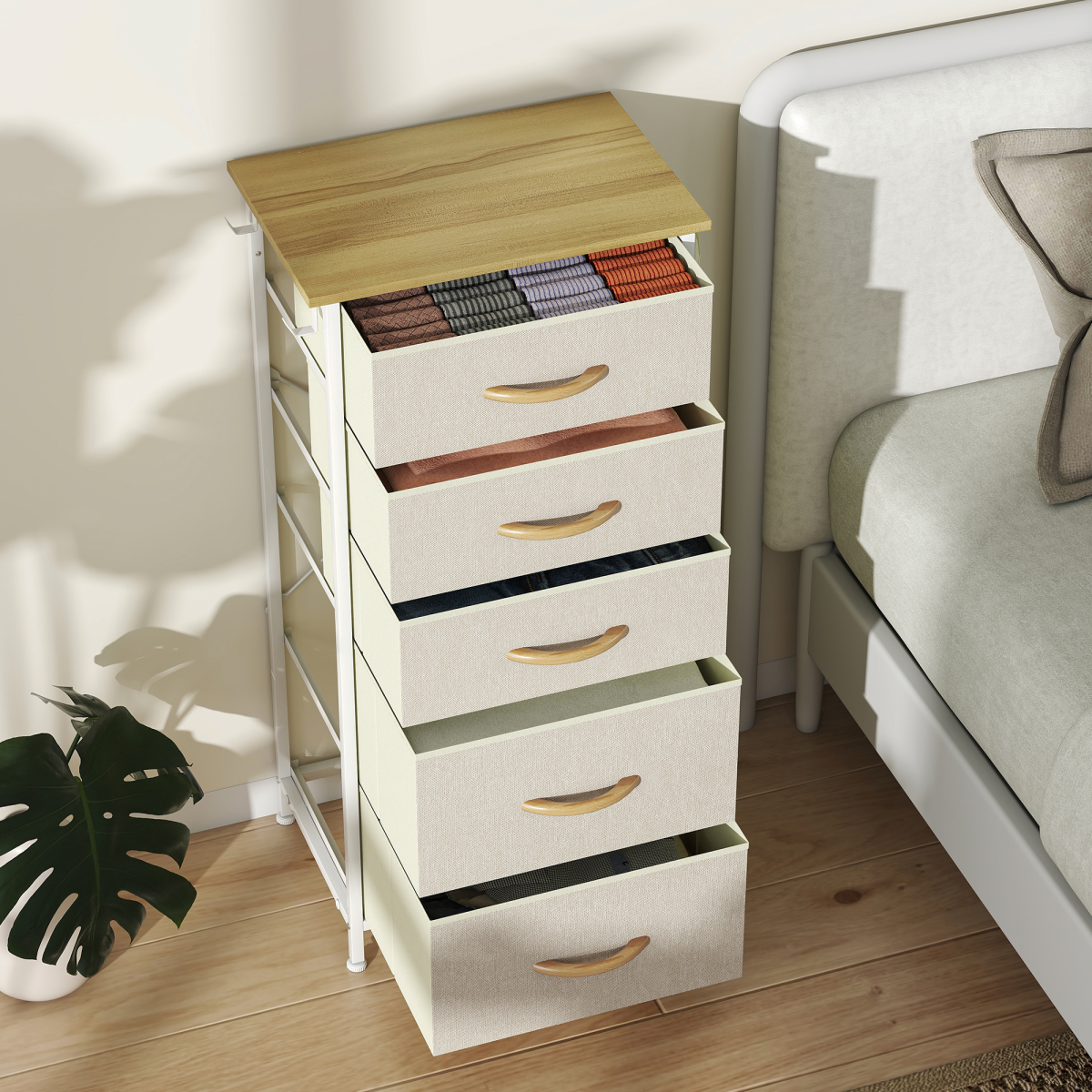 Fabric Chest of Drawers with 5 Foldable Drawers, 4 Side Pockets & Steel Frame – Bedroom Storage Tower