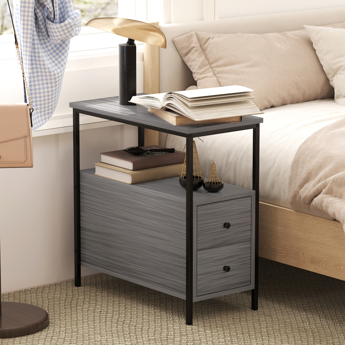 HOMCOM Narrow End Table with 2 Drawers and Storage Shelves – Industrial Sofa Side Table, Grey