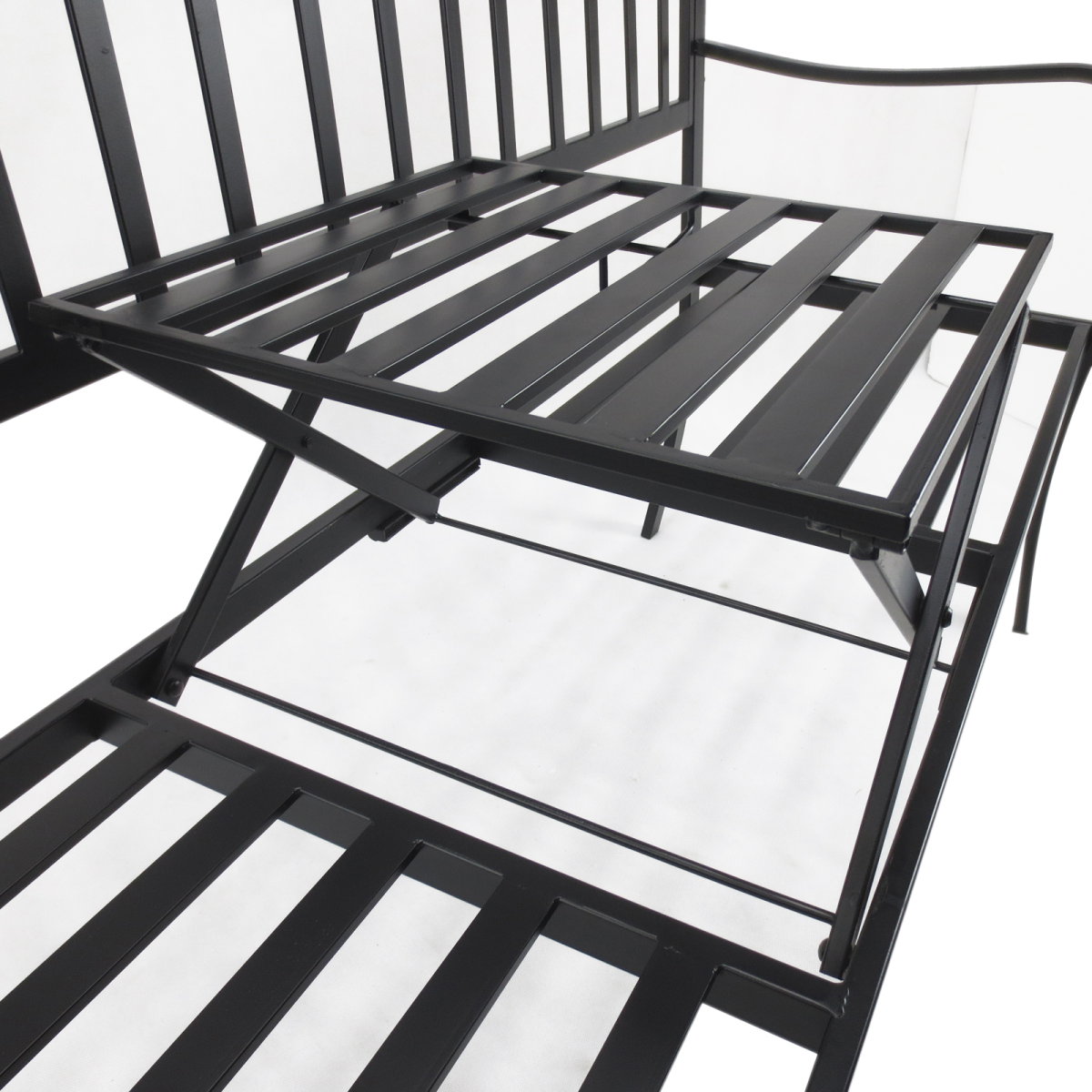 Outsunny Metal 2-Seater Garden Bench with Lift-Up Middle Table – Slatted Patio Seating for Park and Garden