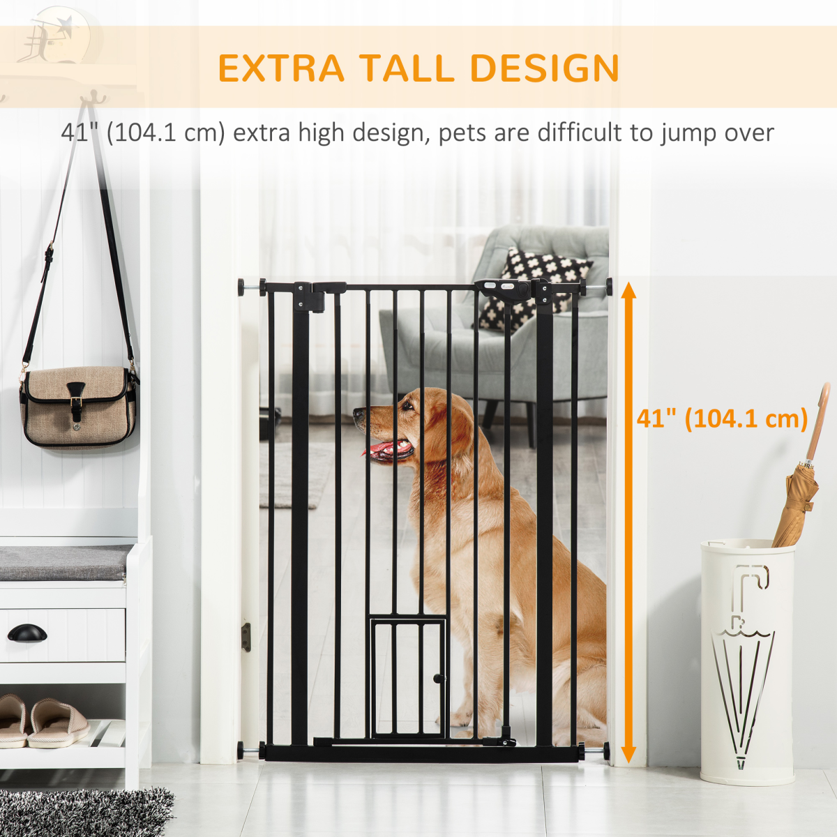 PawHut Extra Tall Dog Gate with Cat Door and Auto-Close, Steel Stair Gate for Doorways, 74-101cm Wide