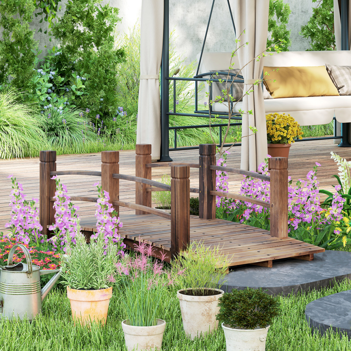 Outsunny Wooden Garden Bridge with Side Rails, Stained Fir Wood Arch – Outdoor Pond & Stream Walkway