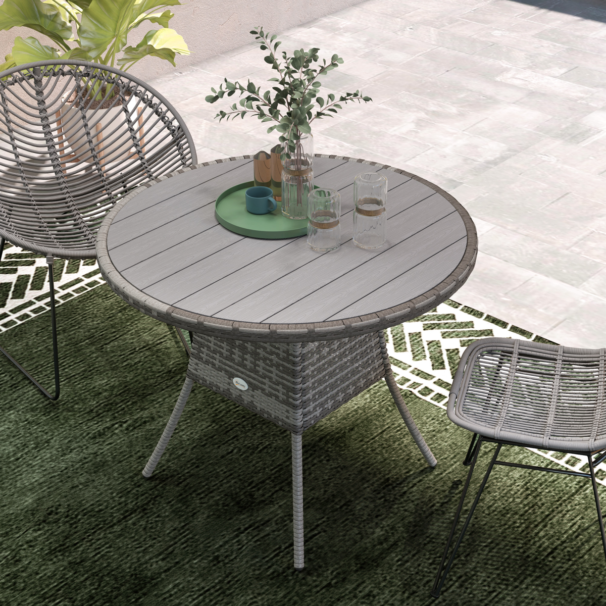 Outsunny Rattan Outdoor Dining Table for 4 with Wood-Plastic Composite Top – Patio Garden Furniture, Grey