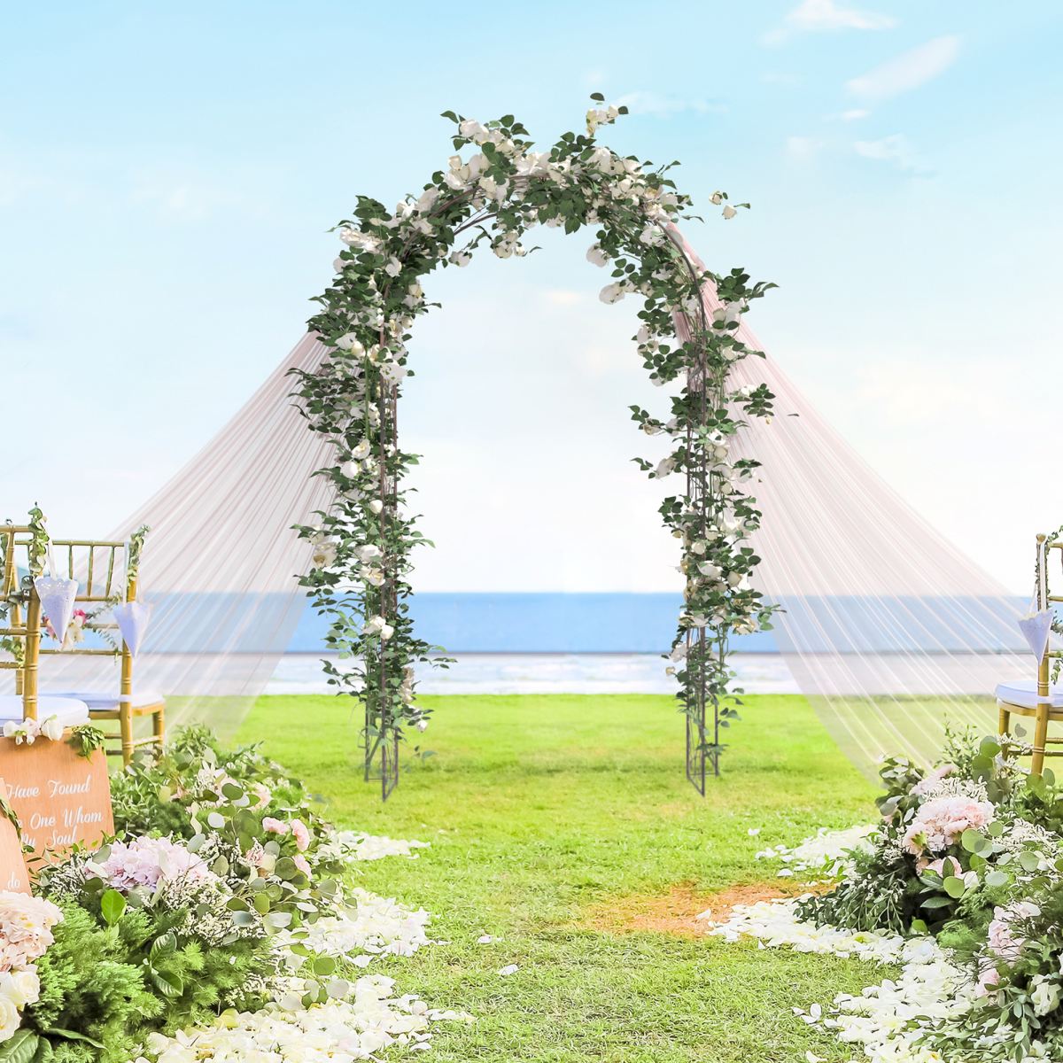 Outsunny Metal Garden Arch with Scroll Design, 226cm High – Climbing Plant Arbour for Weddings & Patios