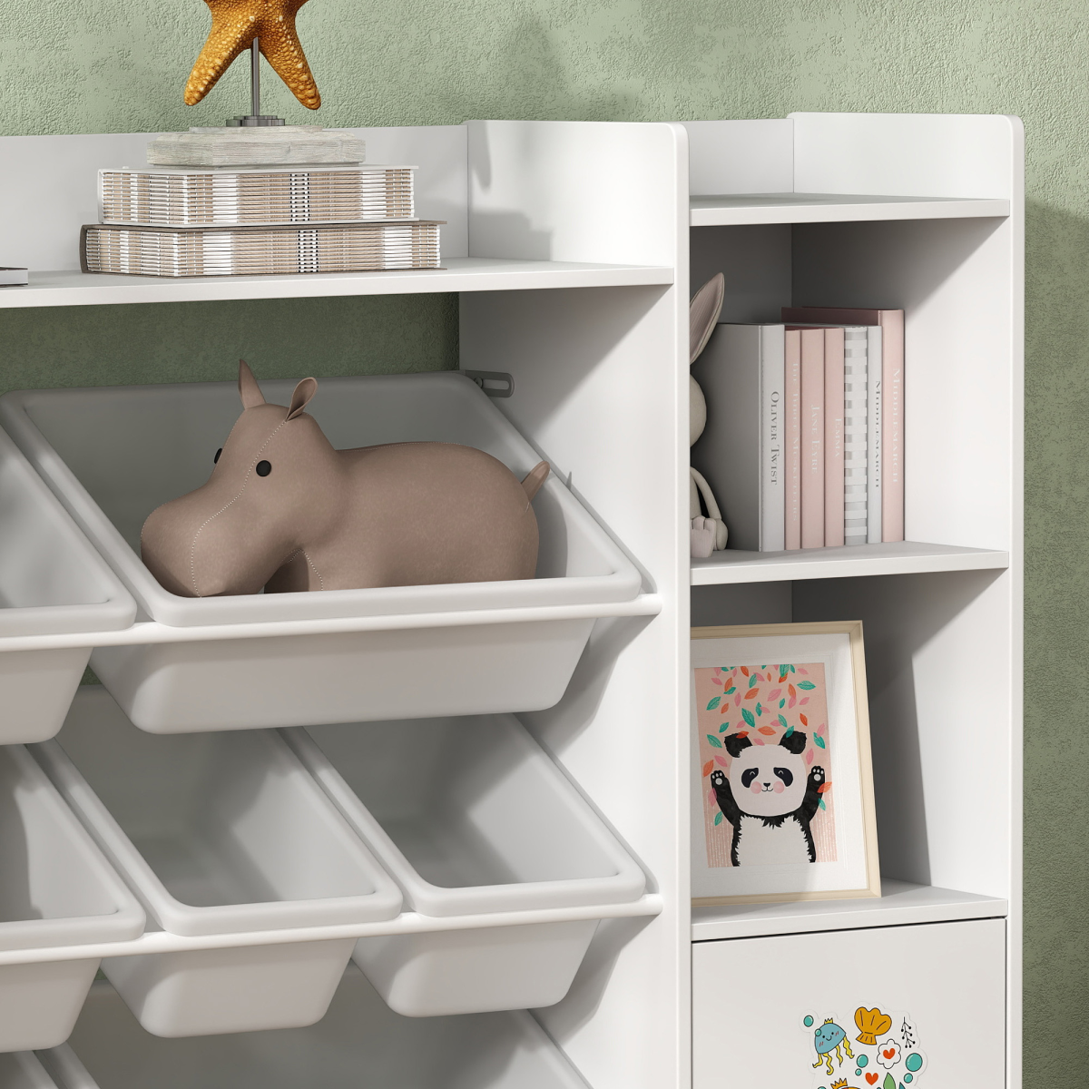 AIYAPLAY Kids Toy Storage Organiser with 8 Removable Bins, Bookcase & Cupboard – White