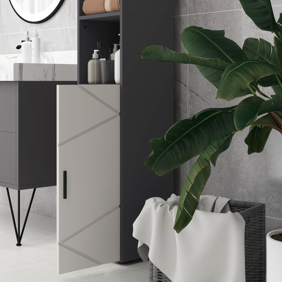 kleankin Tall Slim Bathroom Cabinet with Soft Close Doors – Geometric Panel Storage Unit