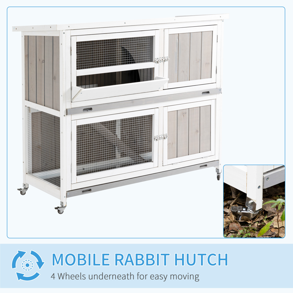 PawHut Two-Tier Wooden Rabbit Hutch with Ramp, Wheels, Trough & Rain Cover – Outdoor Pet House, Grey