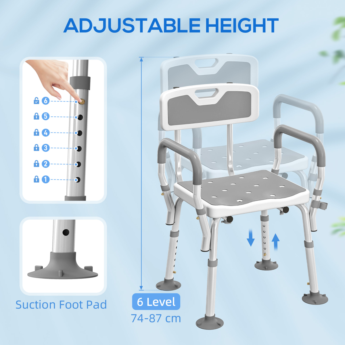 HOMCOM Padded Shower Stool with Arms, Back & 4 Suction Foot Pads – Height Adjustable Bath Seat, Grey
