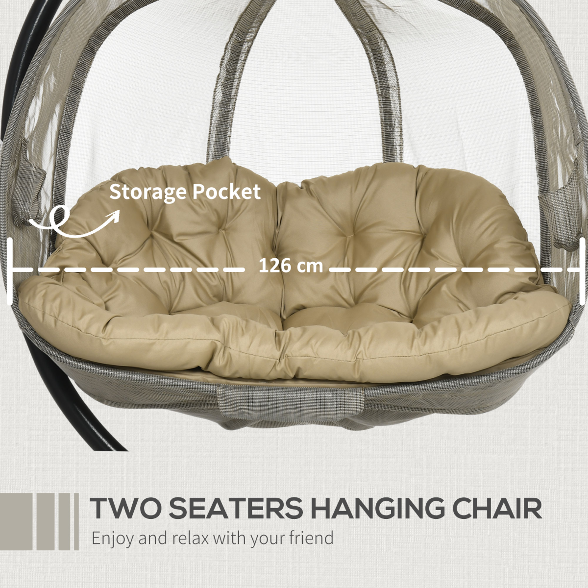 Outsunny Double Hanging Egg Chair with Cushion and Stand – 2-Seater Garden Swing Hammock, Brown