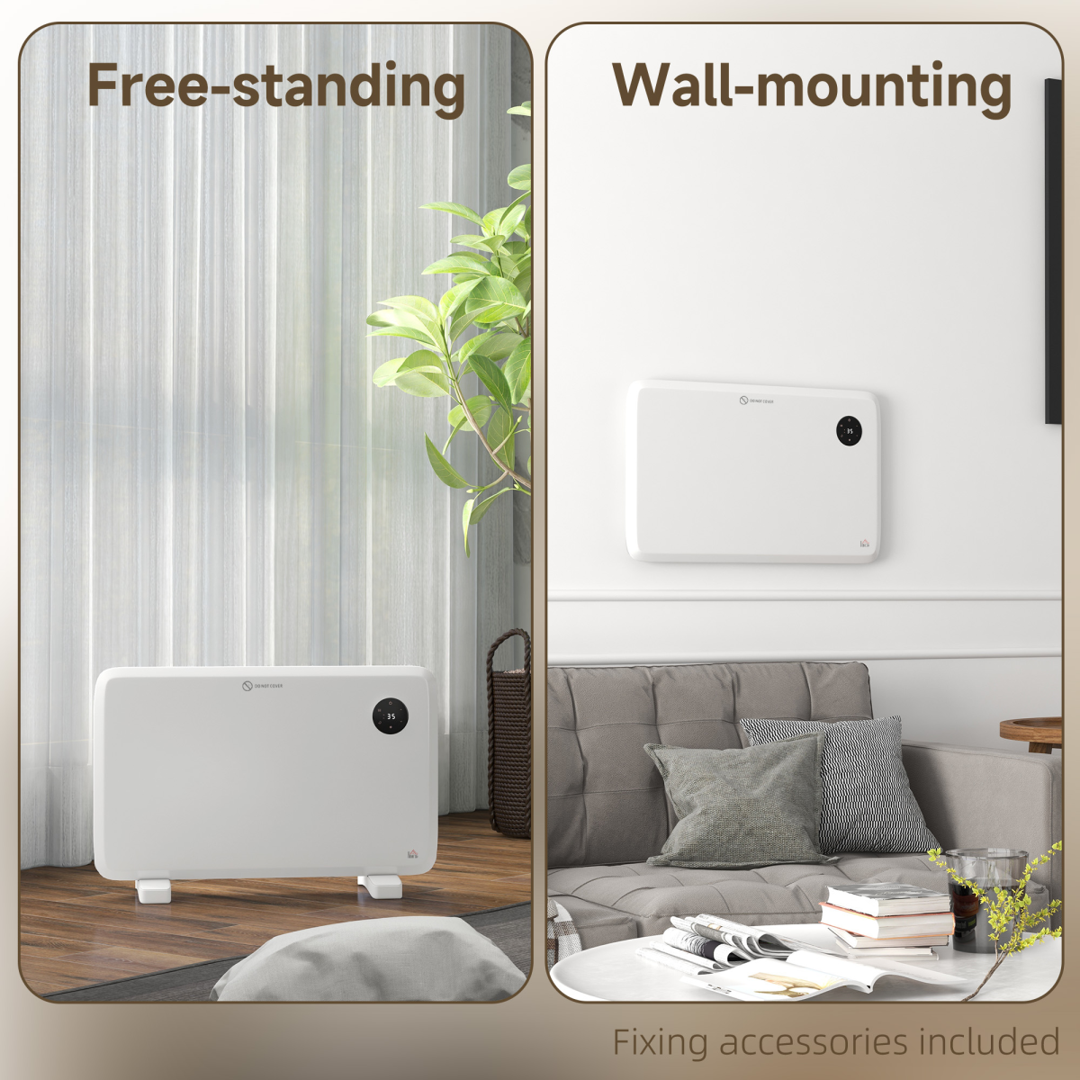 HOMCOM 1200W Electric Convector Heater with Quiet Fanless Design & LED Display – Freestanding or Wall Mounted, White