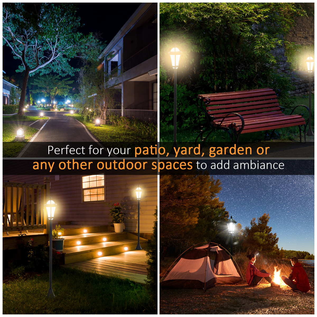 Outsunny Set of 2 Solar LED Garden Lamp Posts with Adjustable Four-Section Poles – Lantern Lights, Black
