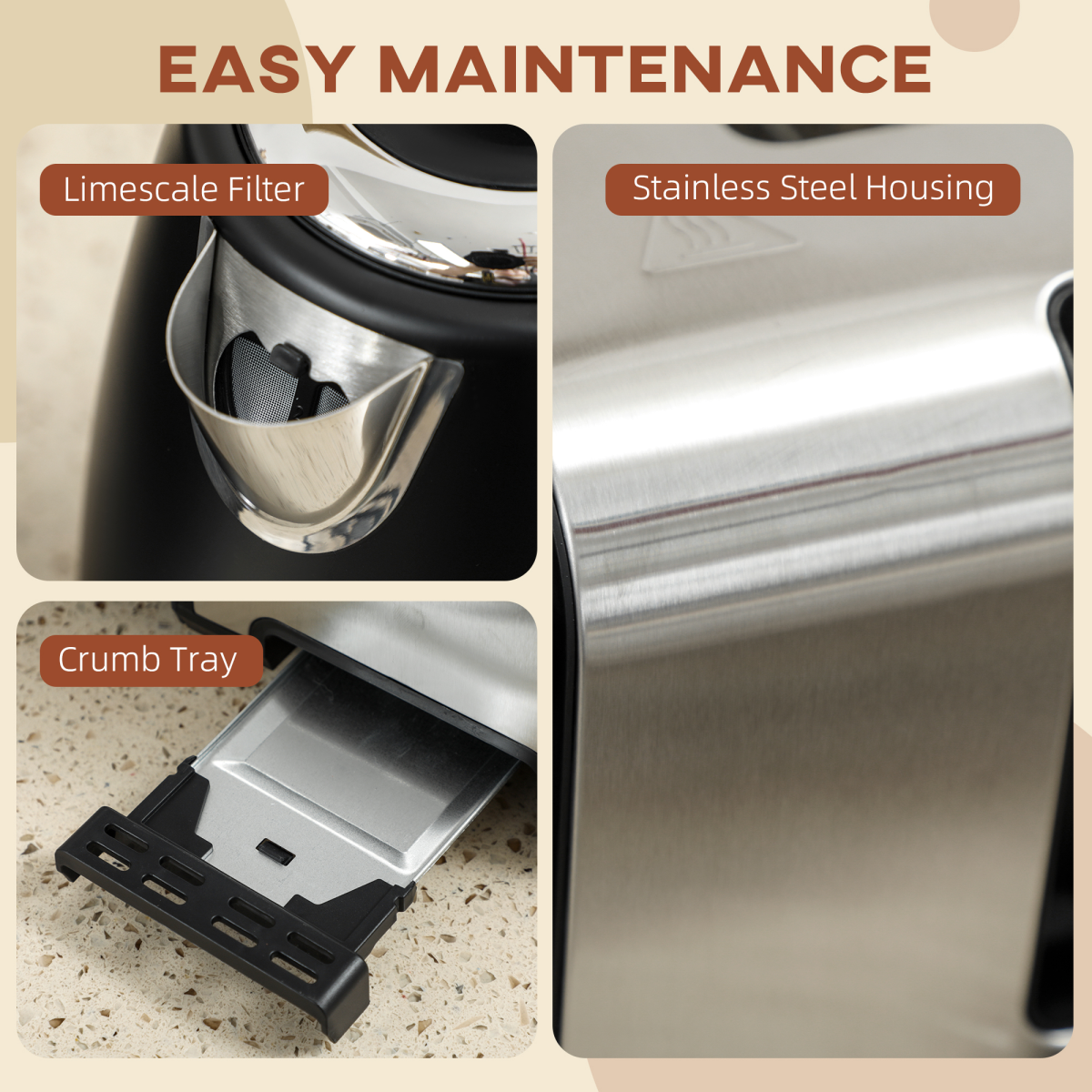 HOMCOM 1.7L 3000W Quick Boil Kettle & 4-Slice Toaster Set – Matching Breakfast Duo, Black
