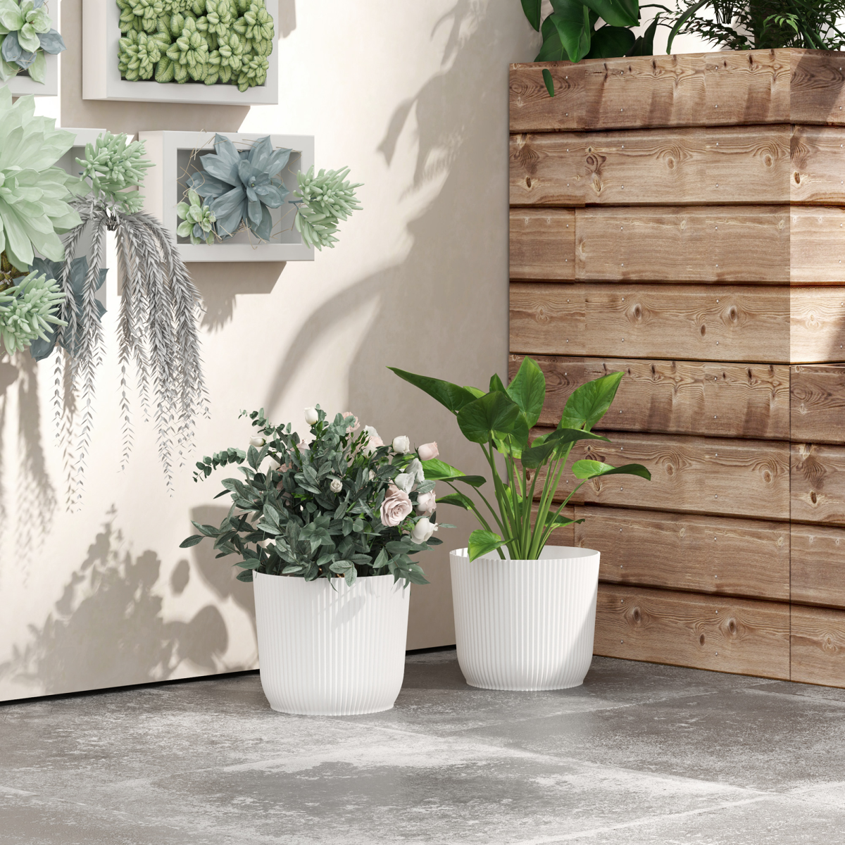 Outsunny Set of 2 Round Plant Pots Outdoor 22cm for Garden, White