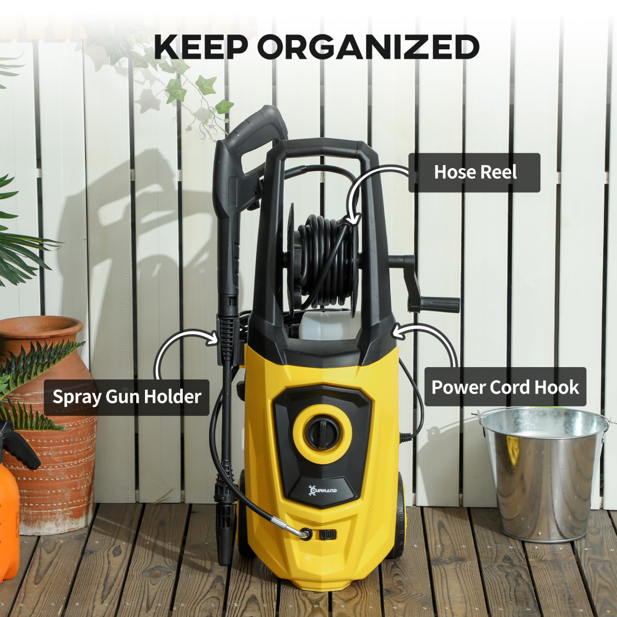 DURHAND 1800W Portable Pressure Washer, 150 Bar, 510 L/h with Foam Bottle and Hose Reel – Yellow