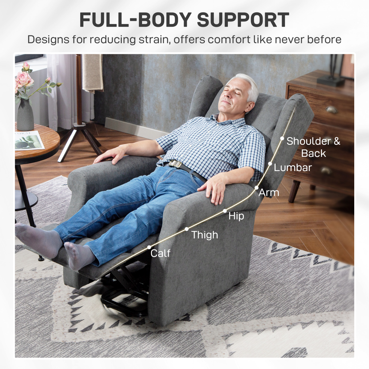 HOMCOM Power Lift Chair with Remote, 135° Reclining Backrest & Footrest – Fabric Recliner Armchair, Charcoal Grey
