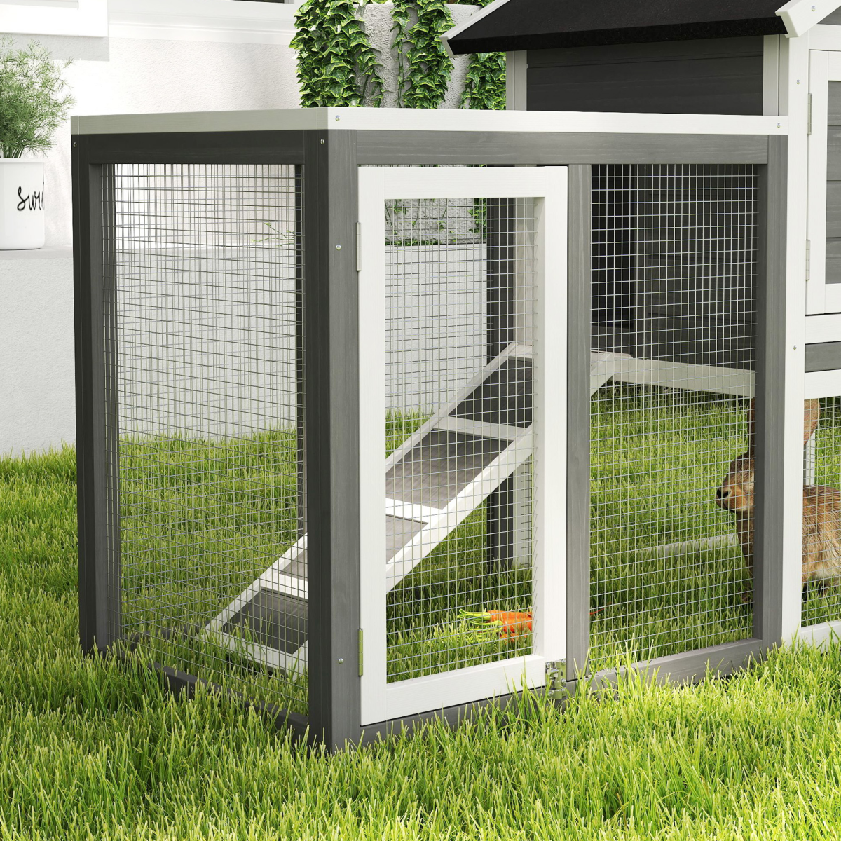 PawHut 122cm Wooden Rabbit Hutch with Run, Pull-Out Tray & Two Doors – Outdoor Small Animal House