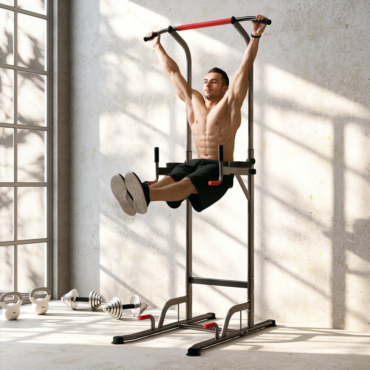 HOMCOM Power Tower Station with Pull Up Bar & Dip Station – 7 Height Levels, Home Gym Upper Body Workout