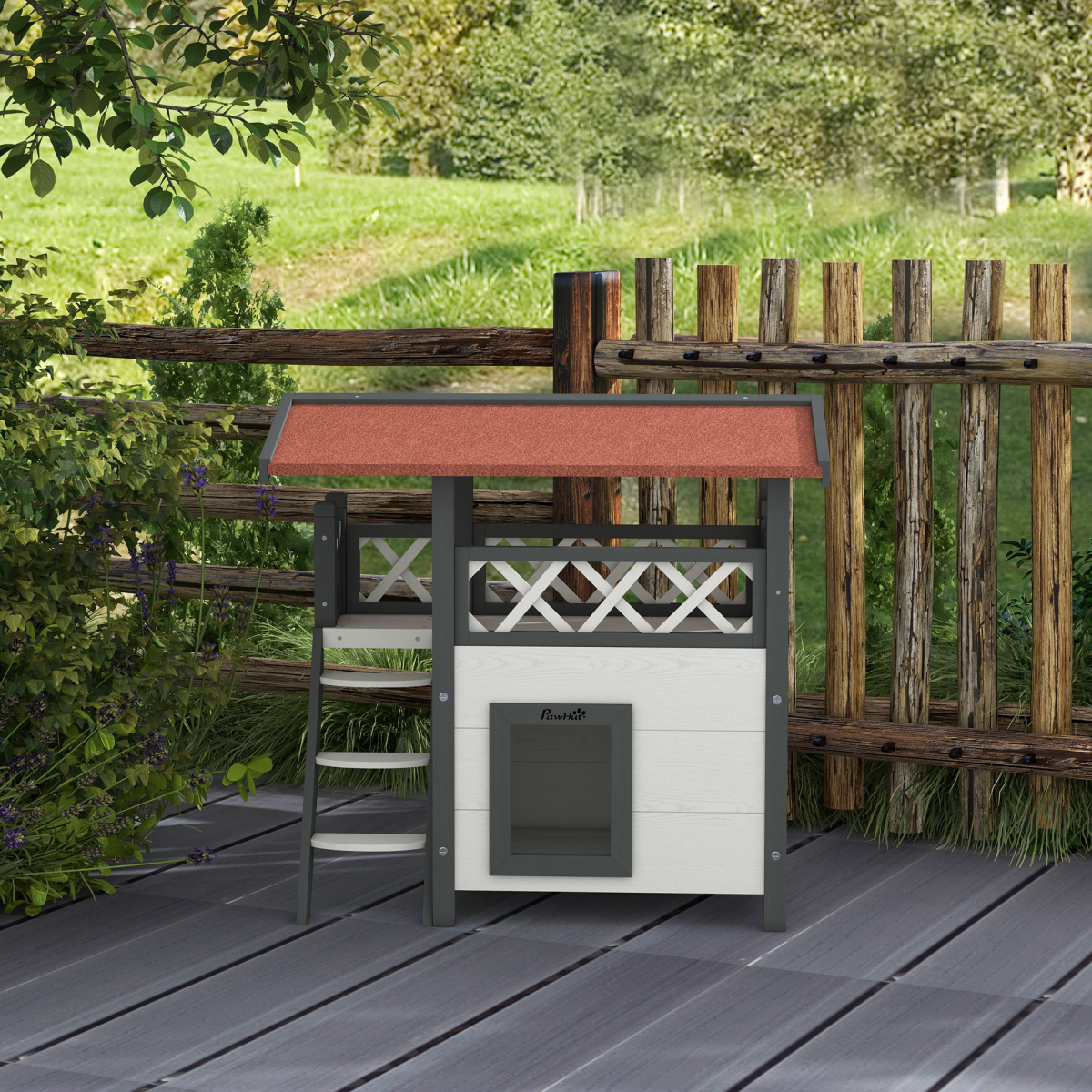 PawHut Outdoor Cat House with Balcony, Stairs and Asphalt Roof – Elevated Fir Wood Cat Shelter
