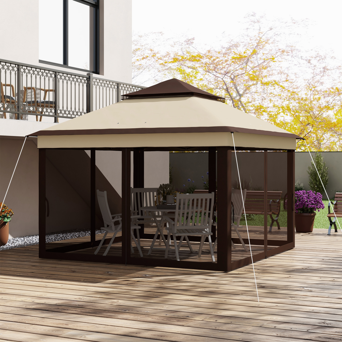 Outsunny 3x3m Pop Up Gazebo with UV30+ Canopy, Mesh Curtains & Adjustable Height – Garden Shelter, Beige
