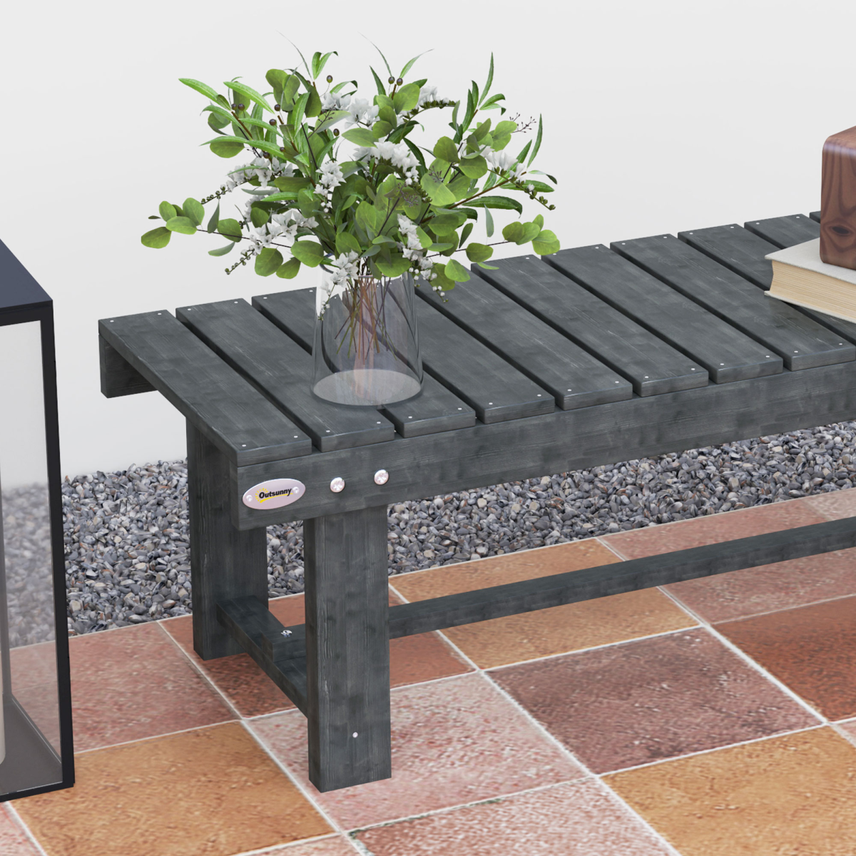 Outsunny 1.1m Outdoor Garden Bench for 2 People – Solid Fir Wood Patio Loveseat with Foot Bar, Grey