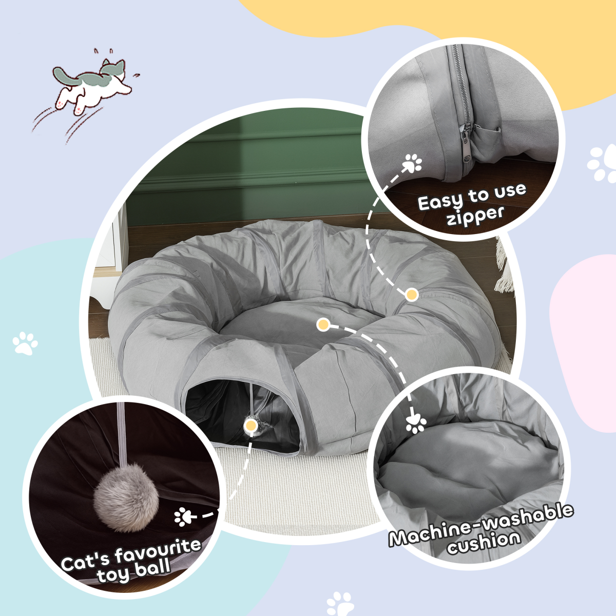 PawHut 2-in-1 Cat Tunnel with Bed, Zip-Together Play Tunnel with Hanging Toy Ball for Indoor Cats, Grey