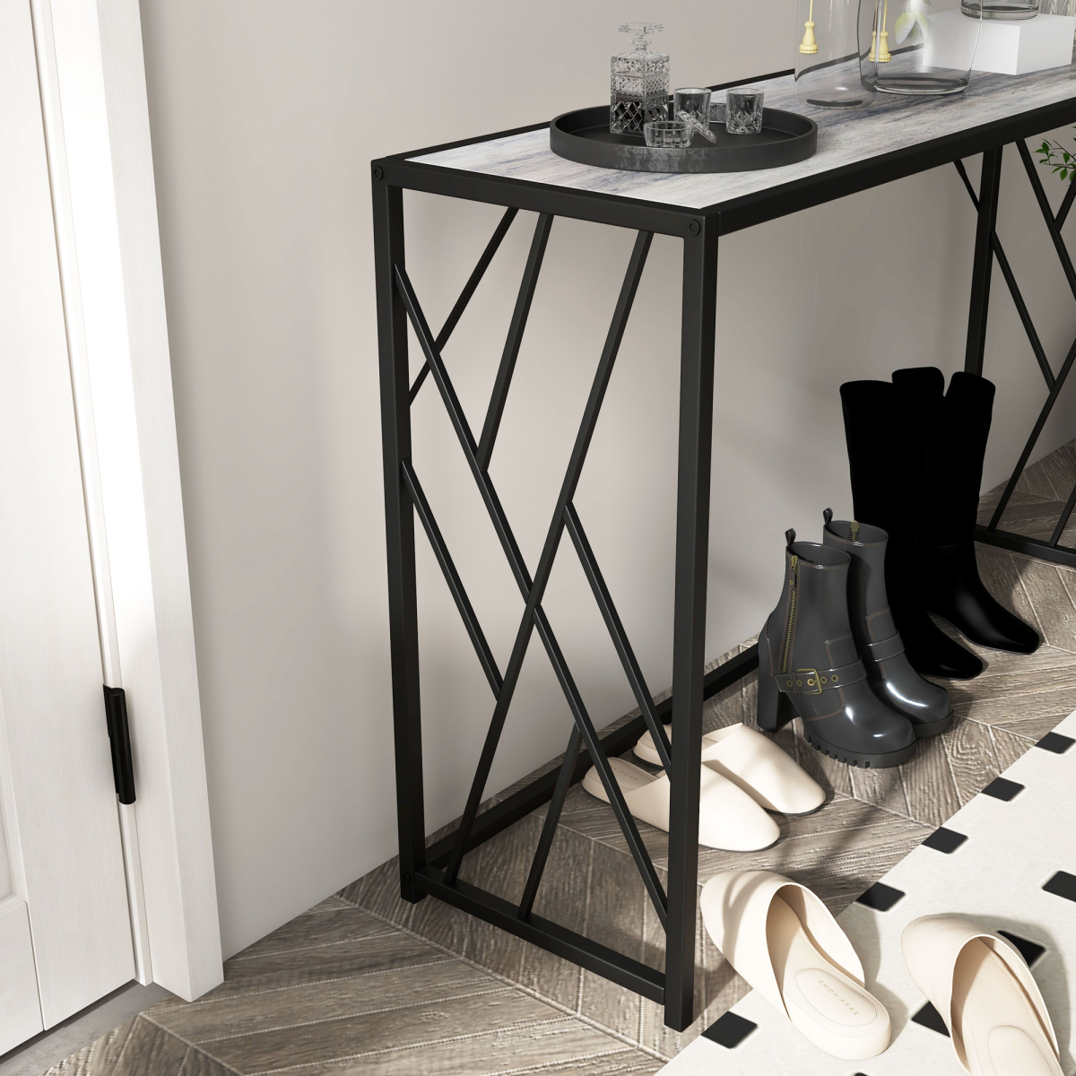 Vintage Industrial Console Table with Metal Frame and Wood-Effect Top – Hallway Sofa Table, Black and Grey