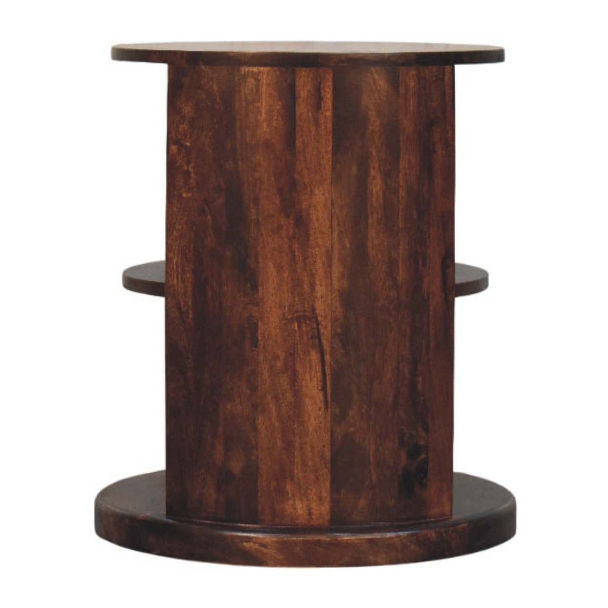 Artisan Furniture Solid Wood Ventura Round Side Table with 2 Open Shelves – California Walnut, Dark Brown